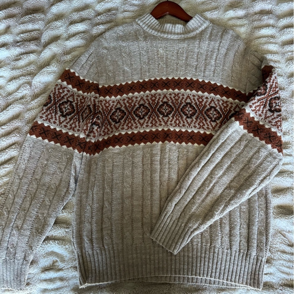 Jantzen Vintage Fair Isle Cable Knit Sweater USA Made Beige Brown Mens XL - Picture 8 of 11